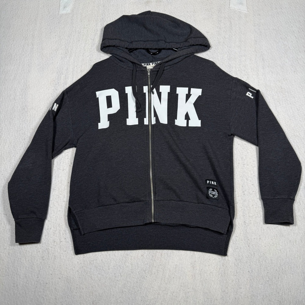 Victoria's Secret PINK Full Zip Hoodie Charcoal Gray Logo Sweatshirt XS